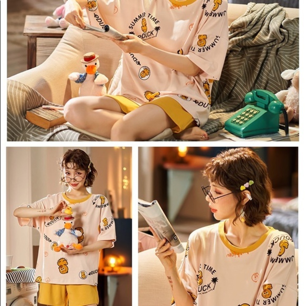 Short Sleeve Pajama Set Women Size s‎ Yellow New Cartoon Duck Print Loungewear